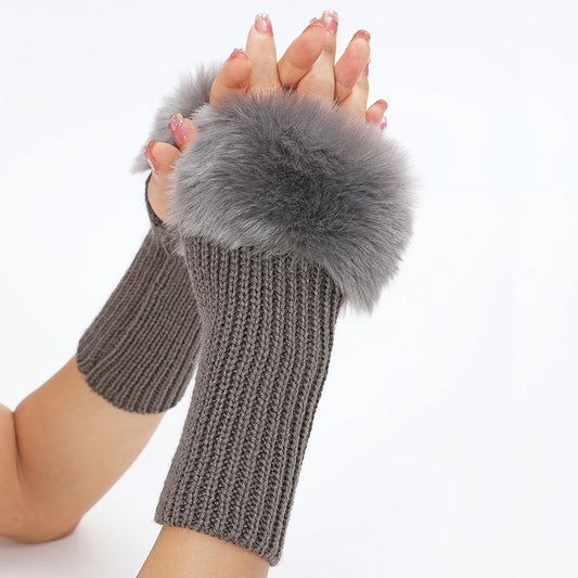 2023 Winter Women Gloves Warmer Stylish Gloves Knitting Faux Wool Mitten Fingerless Rabbit Fur Gloves Arm Wrist Gants Femme Gift