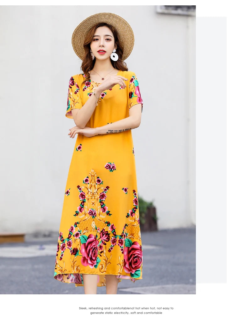 New Fashion 2024 Summer Dress For Long Vintage Loose Women Elegant Short Sleeve Casual O-neck Dresses Print Woman Clothing