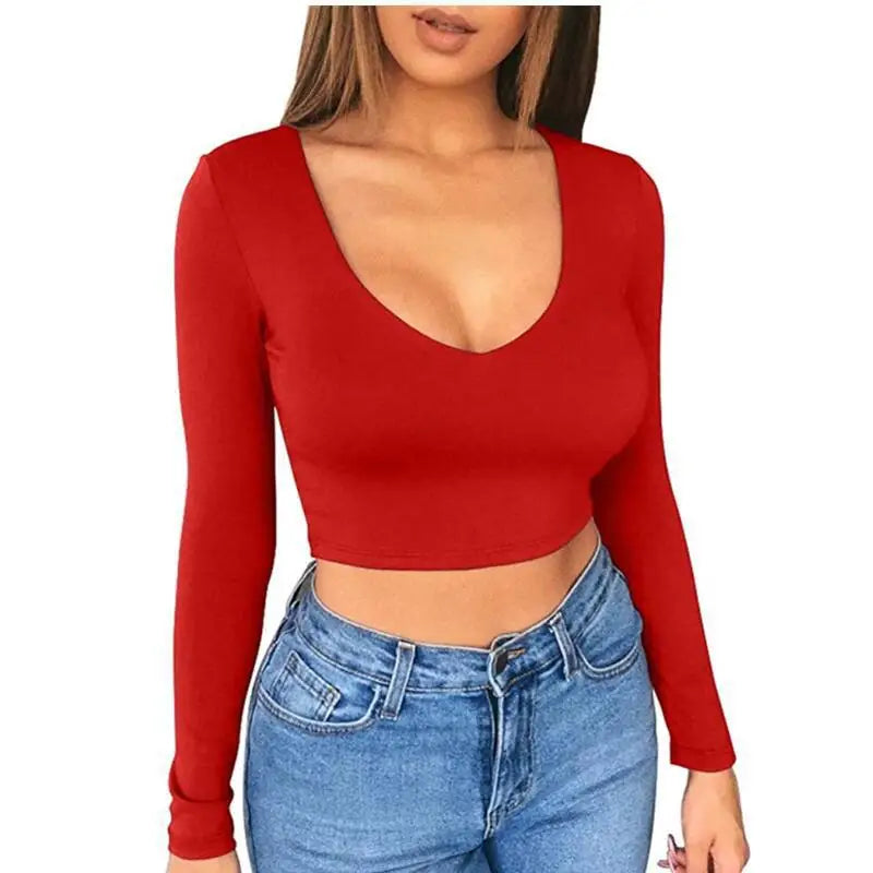 2024 Women's Slim Fit Spicy Women's Solid Color Base Shirt Sexy Ultra Short Low Cut Exposed Navel Tight Long Sleeved T-shirt Top