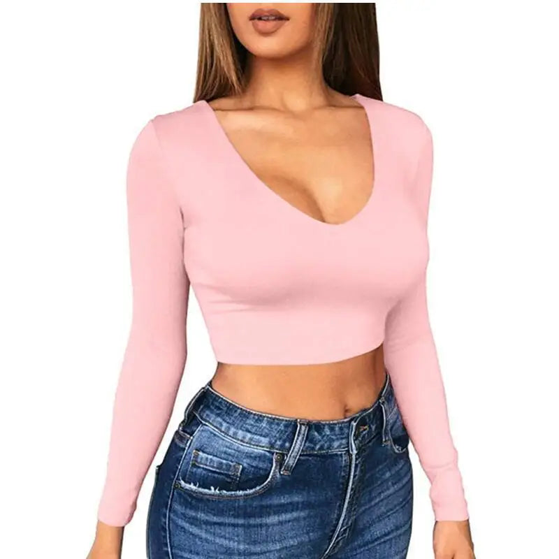 2024 Women's Slim Fit Spicy Women's Solid Color Base Shirt Sexy Ultra Short Low Cut Exposed Navel Tight Long Sleeved T-shirt Top