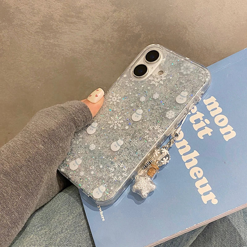 Winter Glitter Snowman Snowflake Phone Case For iPhone 16 Pro Max 15 13 14 Silver Foil Transparent TPU Back Cover