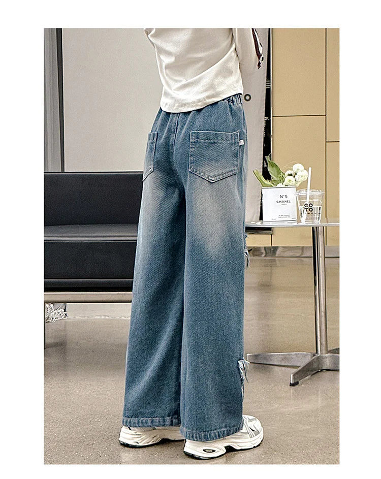 School Girl Star Design Jeans Trouser Teens Casual Loose Jeans for Girls Elastic Waist Fashion Kids Straight Fit Pants 5 To 14 Y