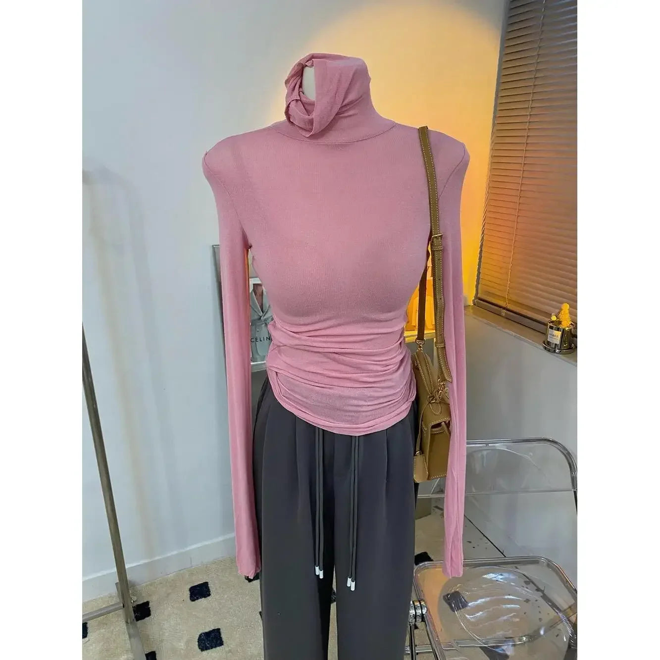 Wholesale High Strecth Thin Top Basic Slim Microtransparent T Shirts Turtleneck Long Sleeve Solid Women Pile Collar T Shirt