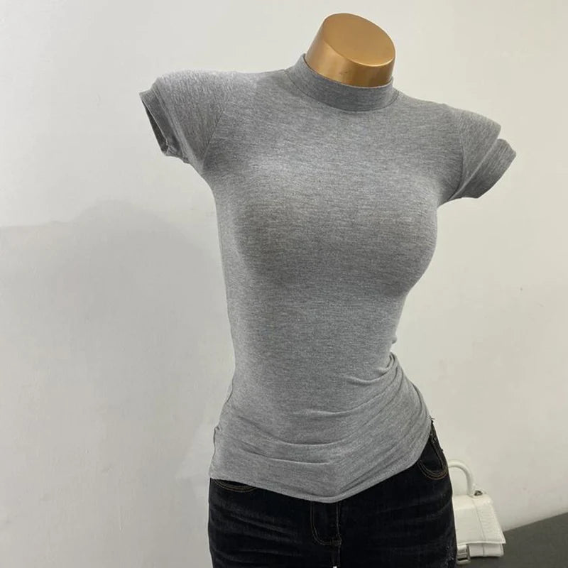 Half-high Collar T-shirt korean Transparent Short-sleeved Slim-fit Elastic Solid Inner Bottoming Shirt Sexy Big Chest T-shirt