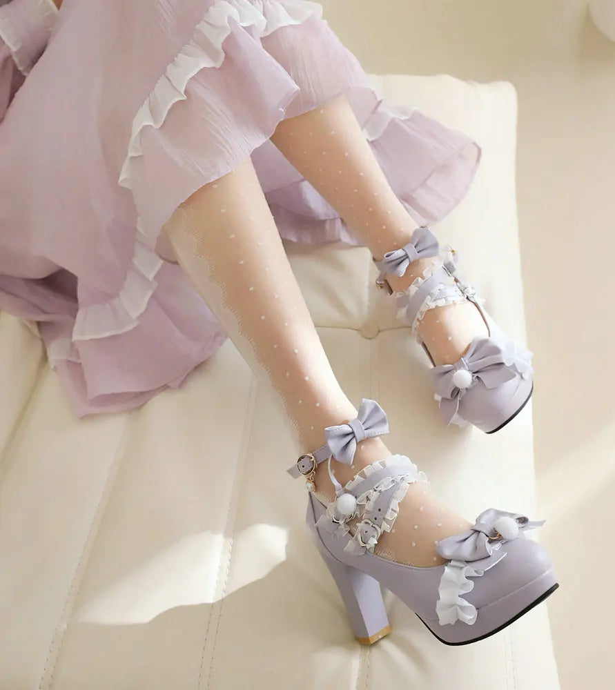 Pink Plush Ball Lace Bow High Heels, Purple Cute Girly Platforms Vintage Style Aesthetic Shoes Sissy ABDL Princess Cosplay Pumps