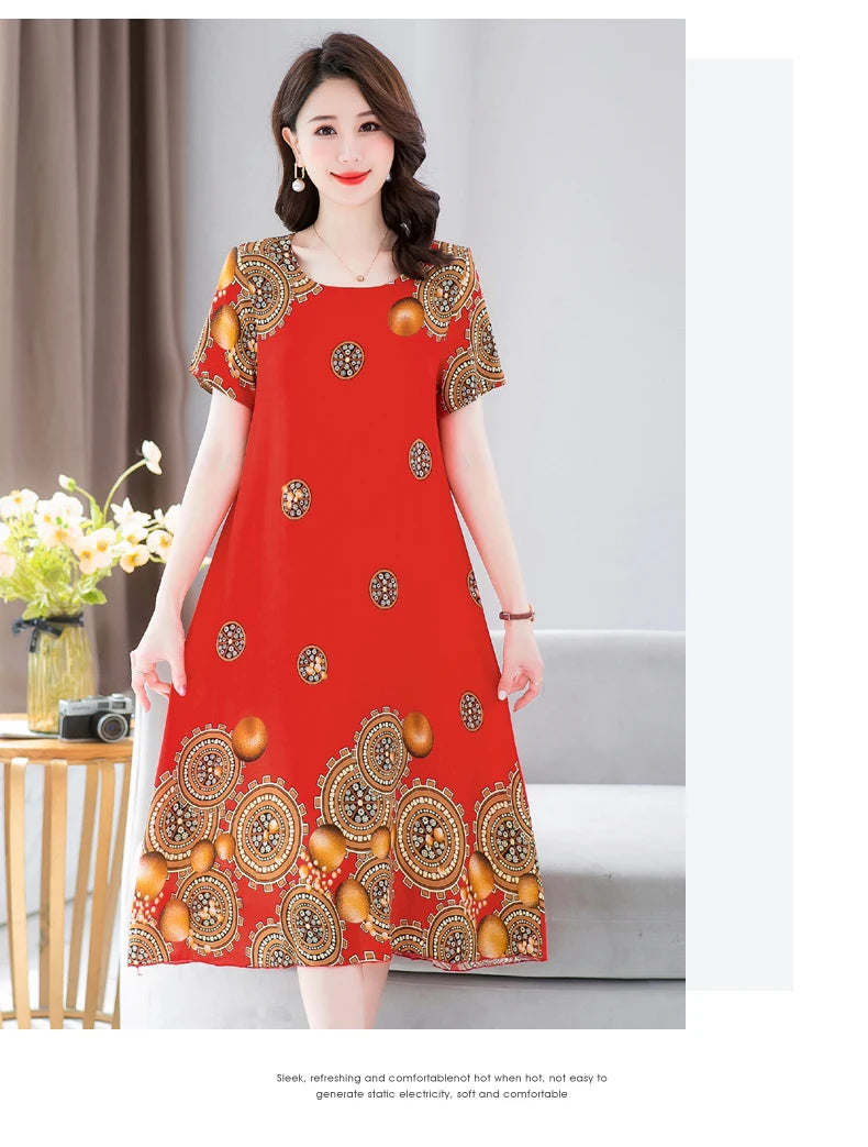 New Fashion 2024 Summer Dress For Long Vintage Loose Women Elegant Short Sleeve Casual O-neck Dresses Print Woman Clothing