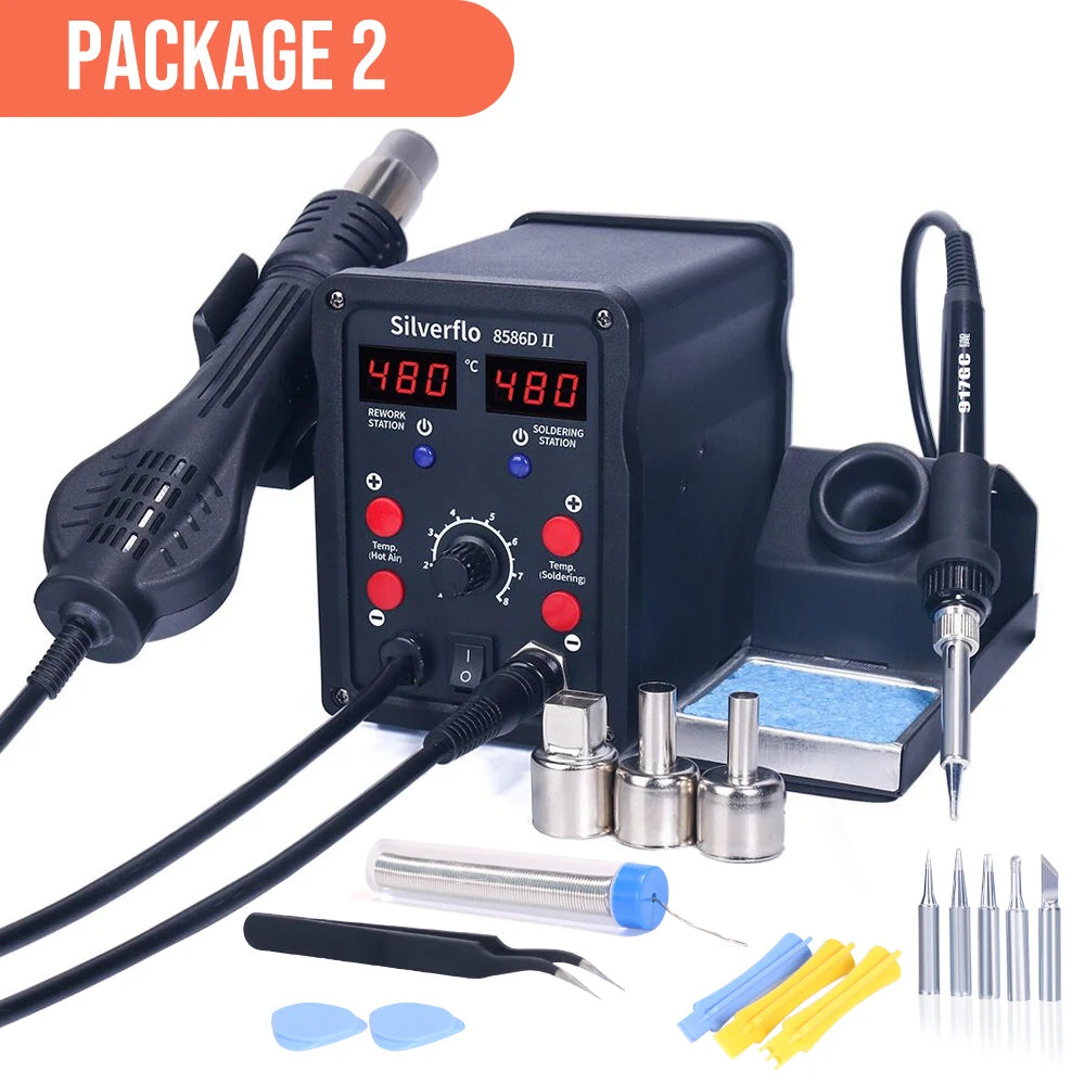 Silverflo  Soldering Station 8586D Soldering Iron Hot Air Rework Welding Station with Sleep mode For BGA PCB IC SMD Repair