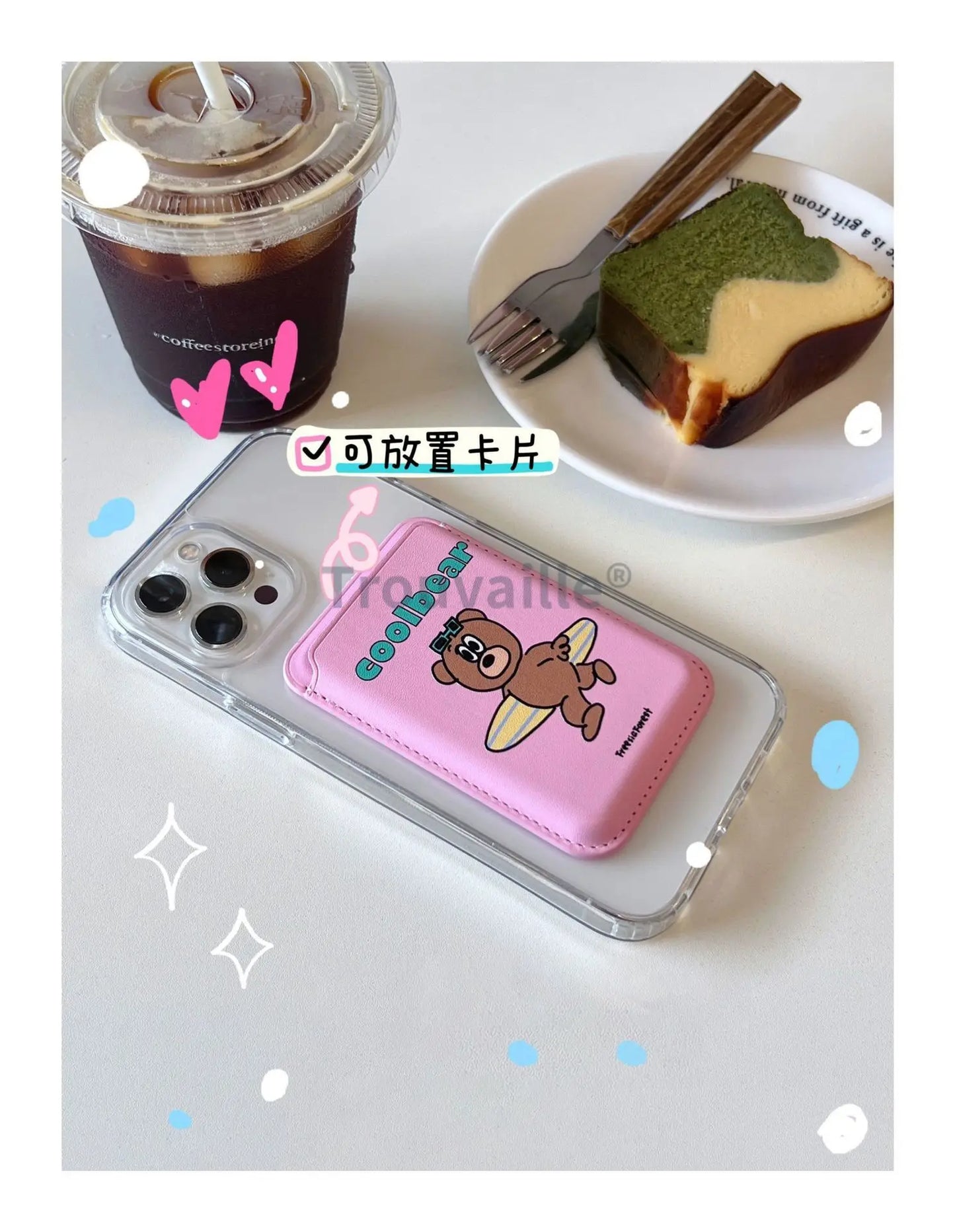 Trouvaille Magnetic Card Holder for Magsafe Phone Case Cute Korea Bear PU Macsafe Pink Girl for iPhone Accessoriess Samsung