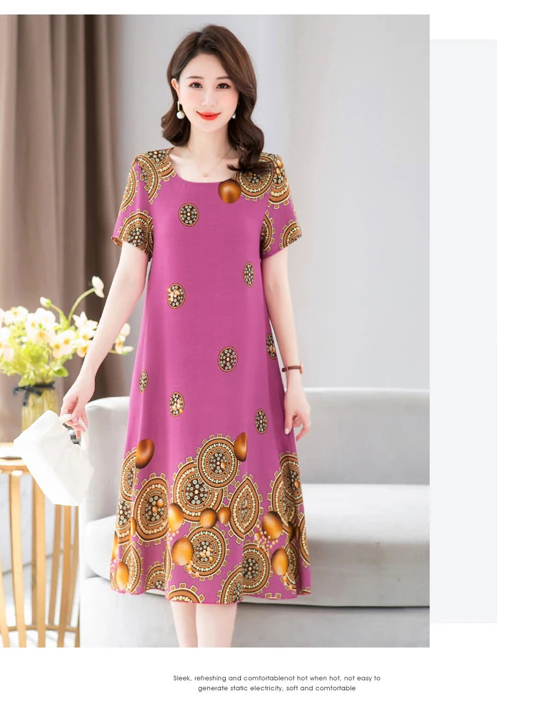 New Fashion 2024 Summer Dress For Long Vintage Loose Women Elegant Short Sleeve Casual O-neck Dresses Print Woman Clothing