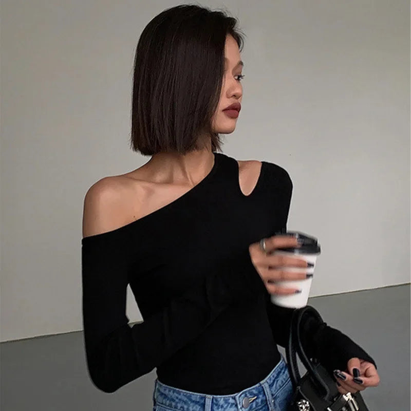 Fashion Skew Collar Off-shoulder Long-sleeved T-shirts Women Spring New Solid Slim Fit Crop Top Sexy Hollow Out Tees Shirts