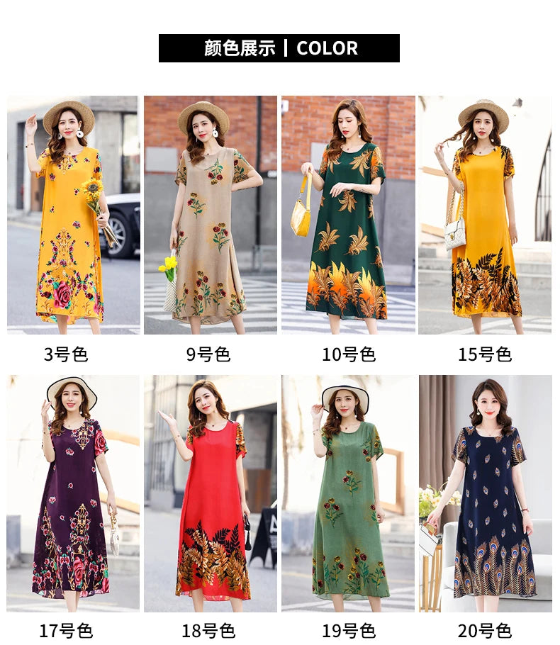 New Fashion 2024 Summer Dress For Long Vintage Loose Women Elegant Short Sleeve Casual O-neck Dresses Print Woman Clothing