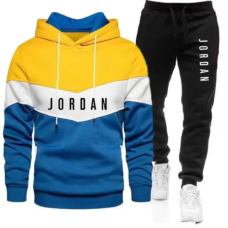 New 2025 Spring and Autumn men's spliced casual sweatshirt + pants two-piece outdoor training jogging men's hoodie sports suit