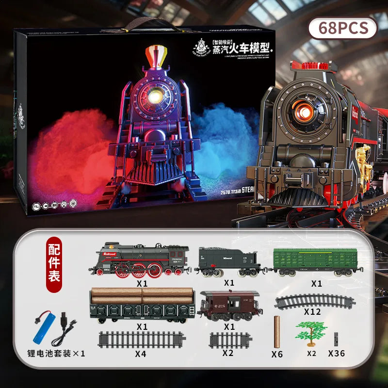 Retro Steam Train Track Suit Simulation Electric Spray Light Small Train Model Boy Gift Train Toy