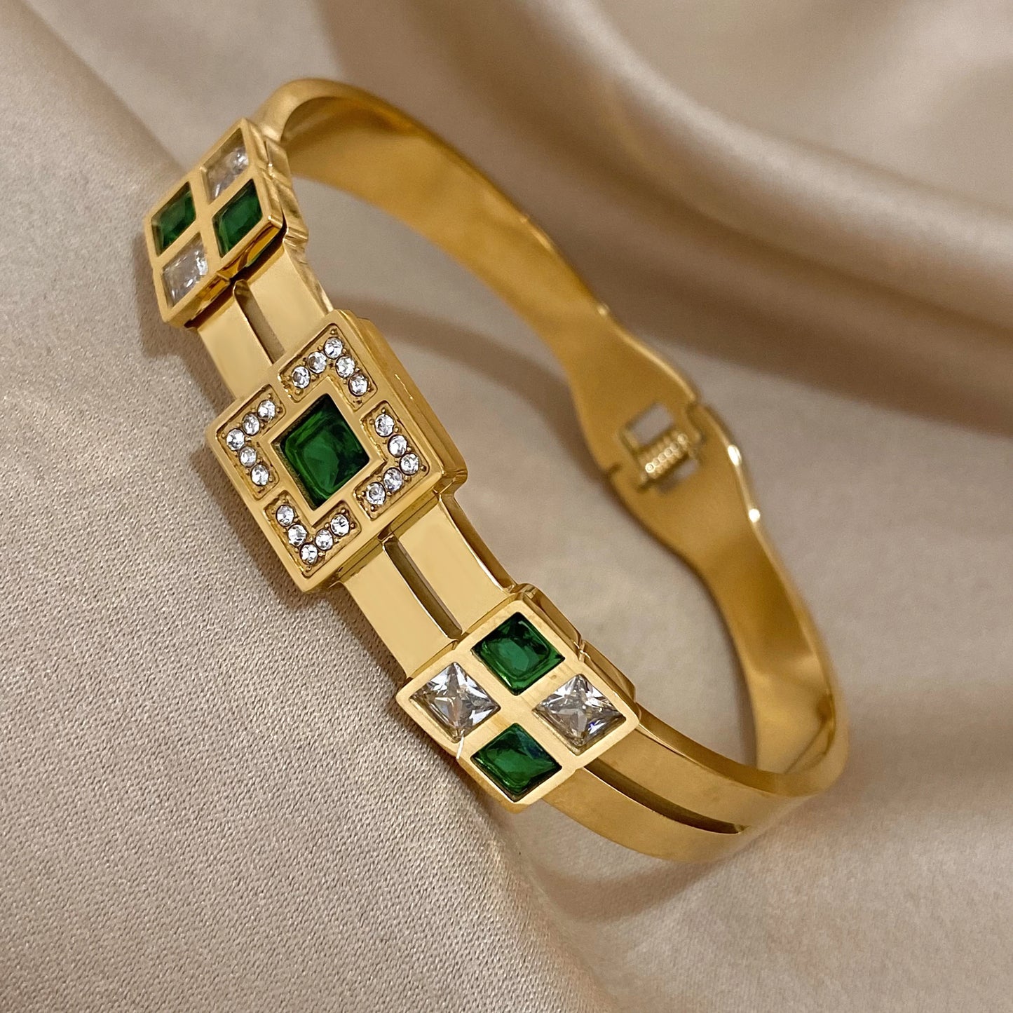 Flashbuy Trendy Chic Green Zircon Stainless Steel Bangle Bracelets for Women Charm Texture Simple Gold Color Accessories