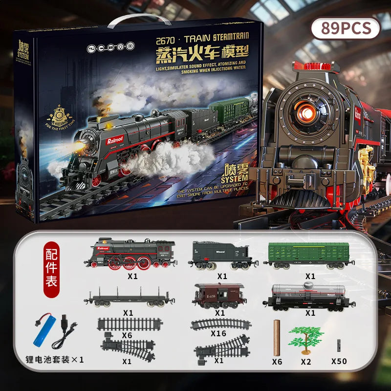 Retro Steam Train Track Suit Simulation Electric Spray Light Small Train Model Boy Gift Train Toy