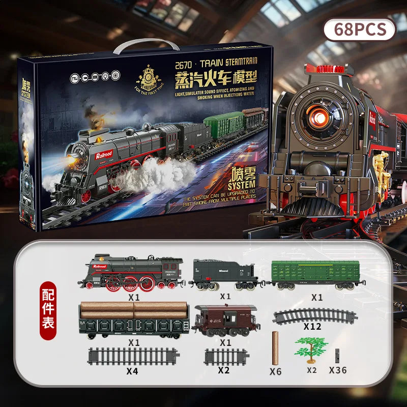 Retro Steam Train Track Suit Simulation Electric Spray Light Small Train Model Boy Gift Train Toy