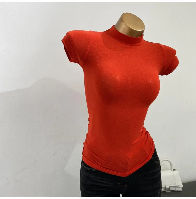 Half-high Collar T-shirt korean Transparent Short-sleeved Slim-fit Elastic Solid Inner Bottoming Shirt Sexy Big Chest T-shirt