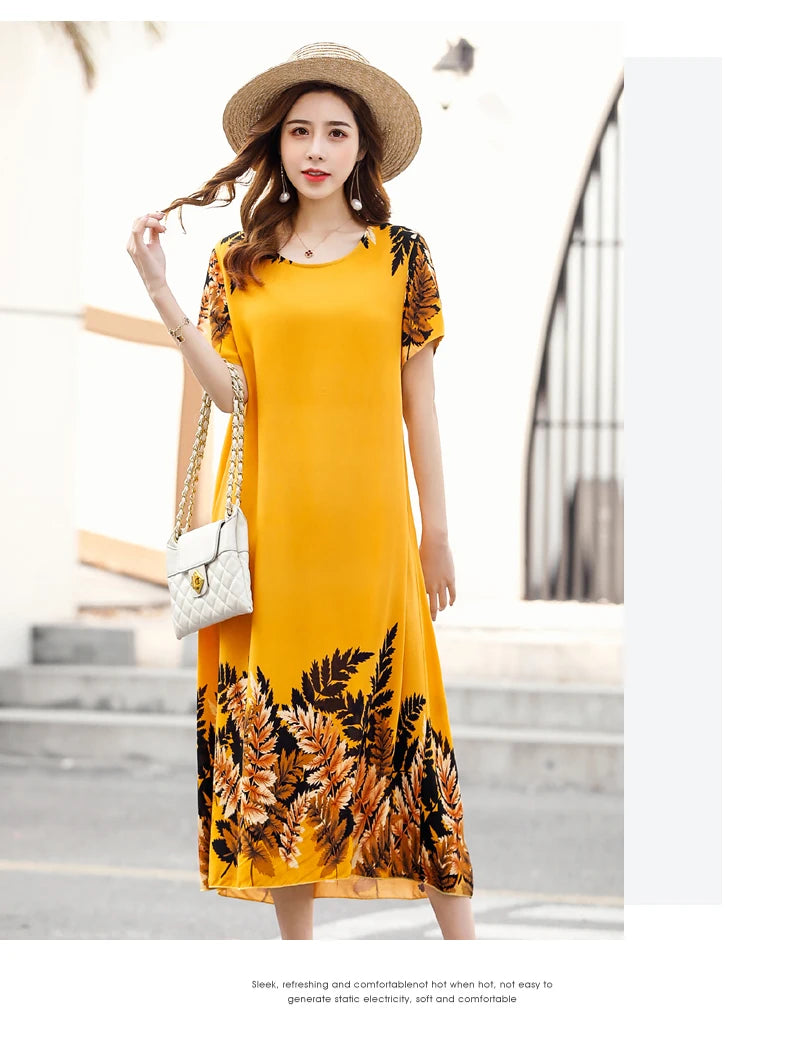 New Fashion 2024 Summer Dress For Long Vintage Loose Women Elegant Short Sleeve Casual O-neck Dresses Print Woman Clothing