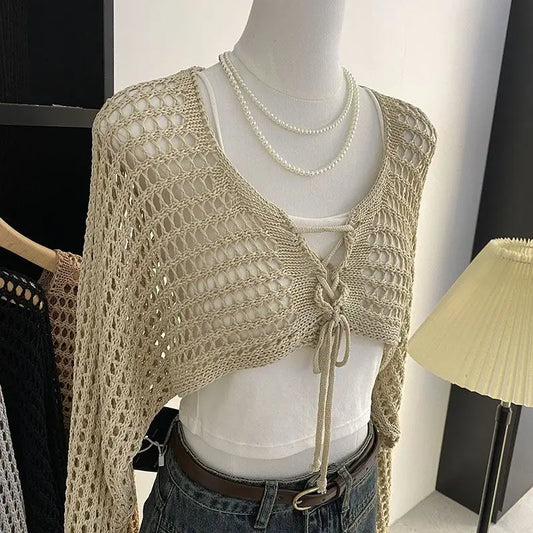 Hollow Out Short Style with Camisole Knitted Sweater for Women's Summer New Loose Long Sleeved Cover Up Sun Protection Top