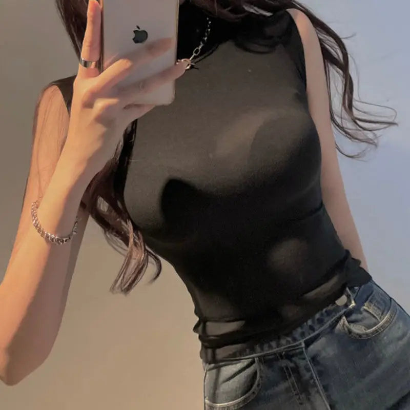 Sexy Turtleneck Sleeveless T Shirts Female Vintage Women Clothing 2023 Summer New Slim Tee Shirt Femme Fashion Korean Y2K Tops