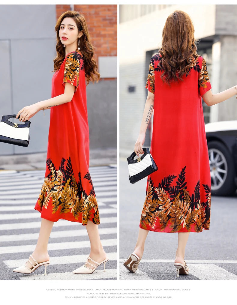 New Fashion 2024 Summer Dress For Long Vintage Loose Women Elegant Short Sleeve Casual O-neck Dresses Print Woman Clothing