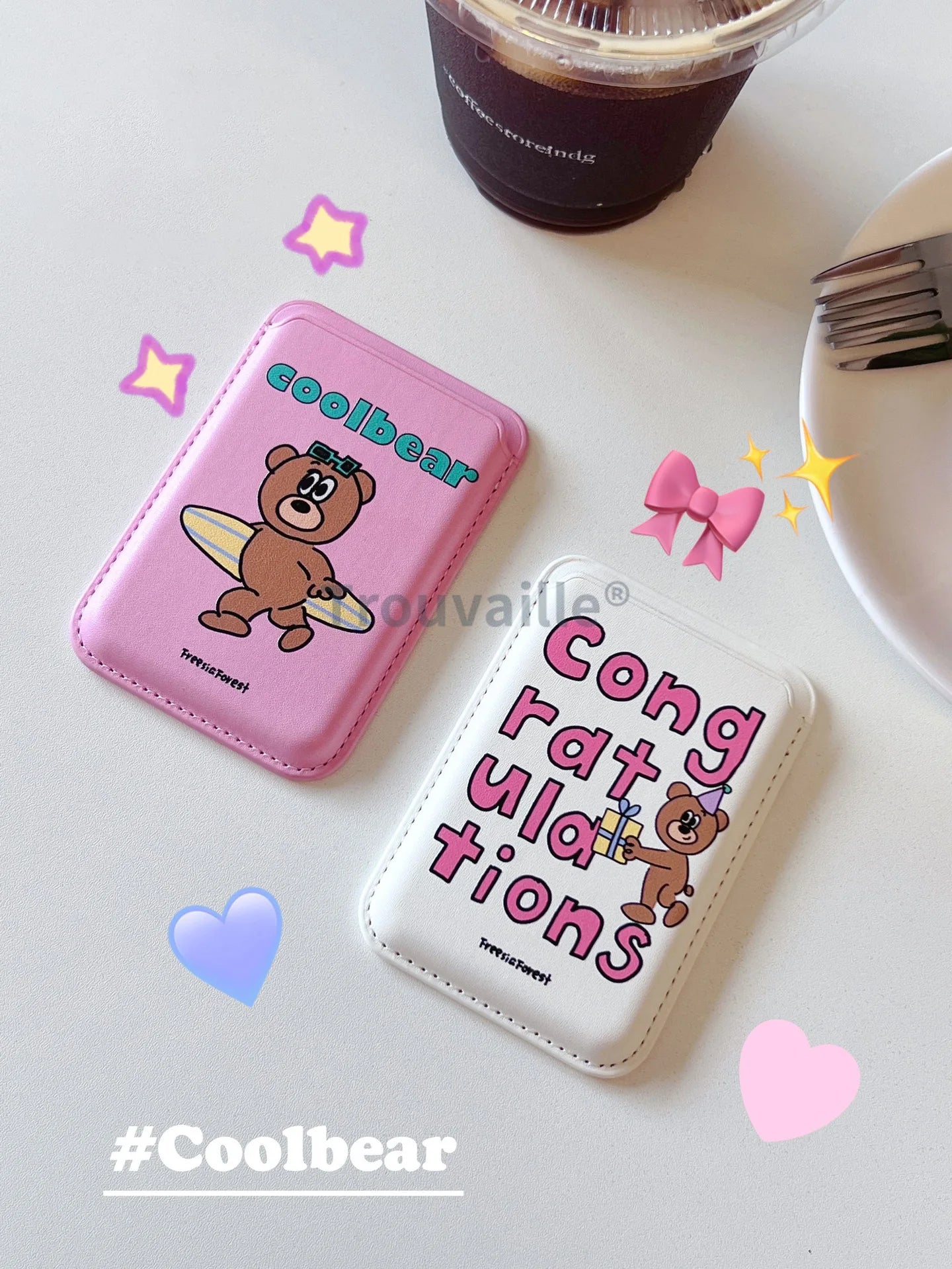 Trouvaille Magnetic Card Holder for Magsafe Phone Case Cute Korea Bear PU Macsafe Pink Girl for iPhone Accessoriess Samsung