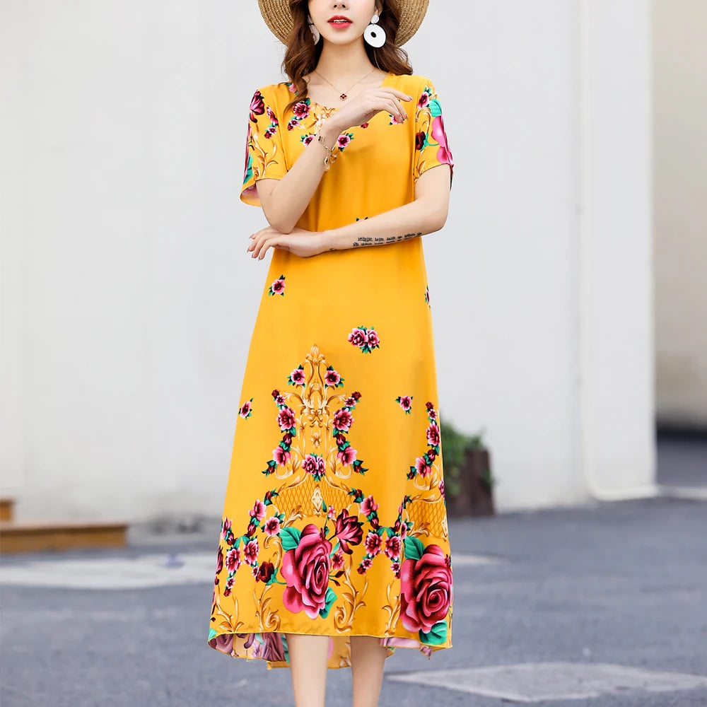 New Fashion 2024 Summer Dress For Long Vintage Loose Women Elegant Short Sleeve Casual O-neck Dresses Print Woman Clothing