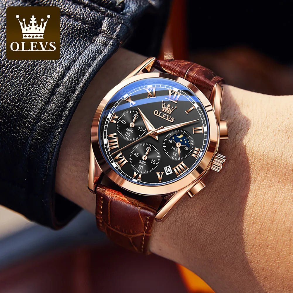 OLEVS Original Brand Men's Watches Multifunctional Moon Phase Business Quartz Watch Waterproof Luminous Leather Strap Male