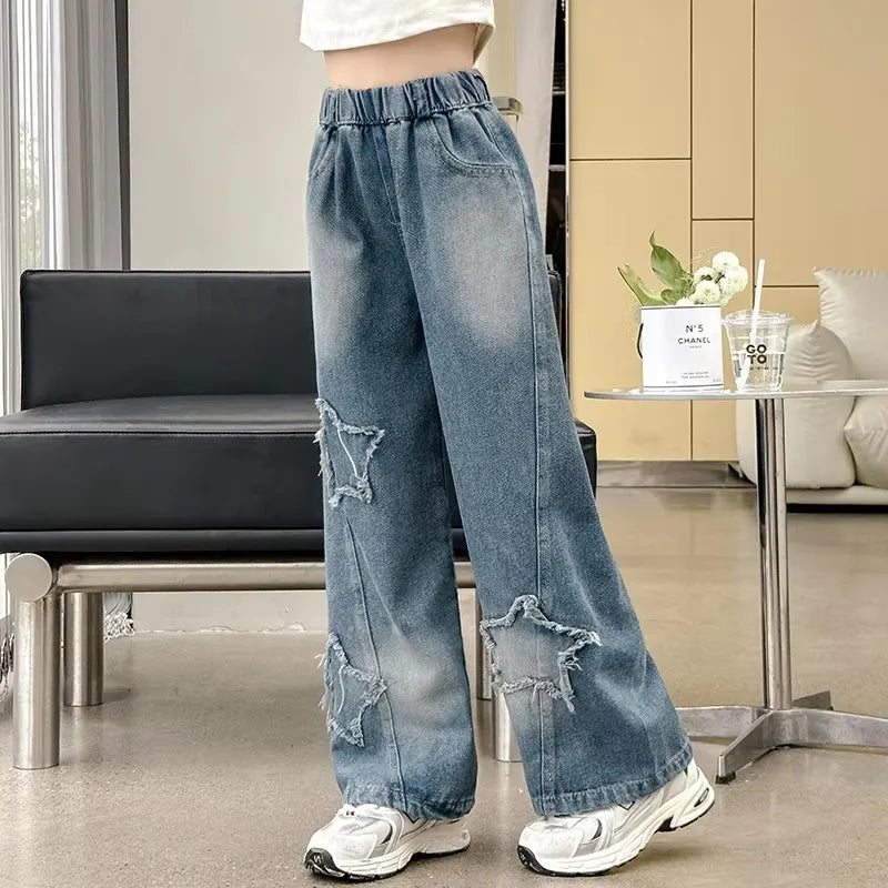 School Girl Star Design Jeans Trouser Teens Casual Loose Jeans for Girls Elastic Waist Fashion Kids Straight Fit Pants 5 To 14 Y