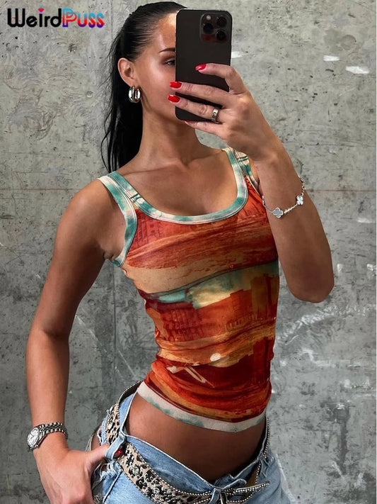 Weird Puss Gradient Print Tank Tops Women 2024 Summer Hipster Skinny Basic O-Neck Wild Streetwear Casual Vintage Fashion Vest