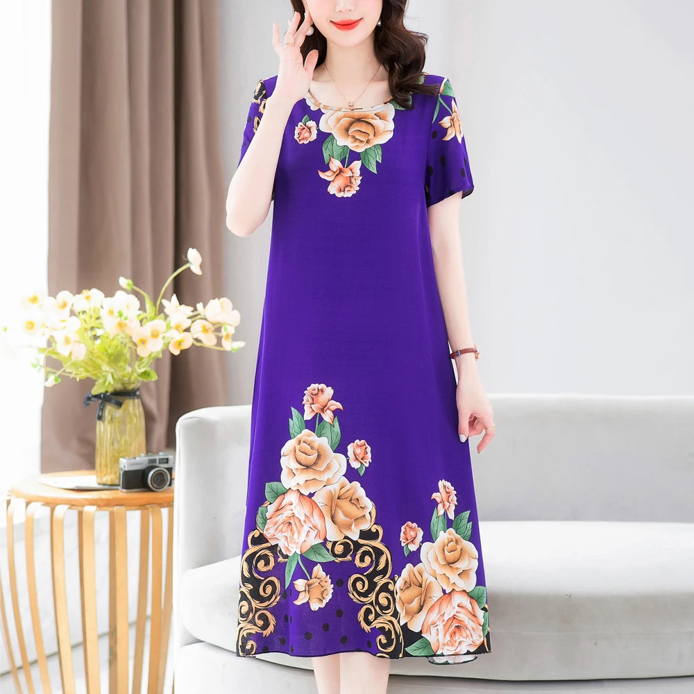 New Fashion 2024 Summer Dress For Long Vintage Loose Women Elegant Short Sleeve Casual O-neck Dresses Print Woman Clothing