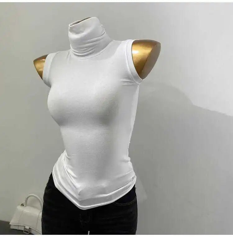 Wholesale New Base Slim T Shirts Women New Summer Crop Top Turtleneck High Strecth Sleeveless Basic Simple Skinny Solid T Shirt