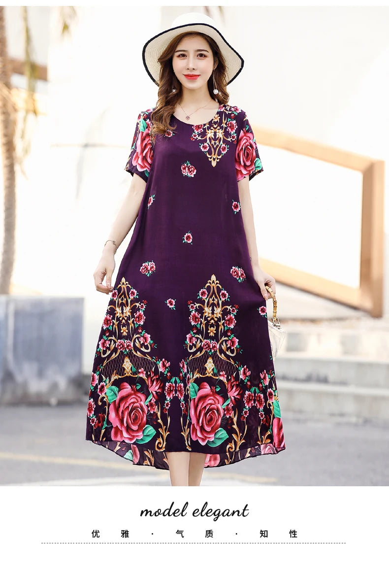 New Fashion 2024 Summer Dress For Long Vintage Loose Women Elegant Short Sleeve Casual O-neck Dresses Print Woman Clothing