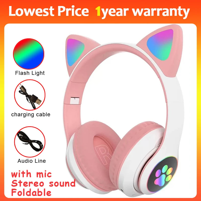 Flash Light Cat Ears Headphones Wireless With MIC Control LED Kid Girl Stereo Cute Music Helmet Bluetooth Phone Headset Earphone