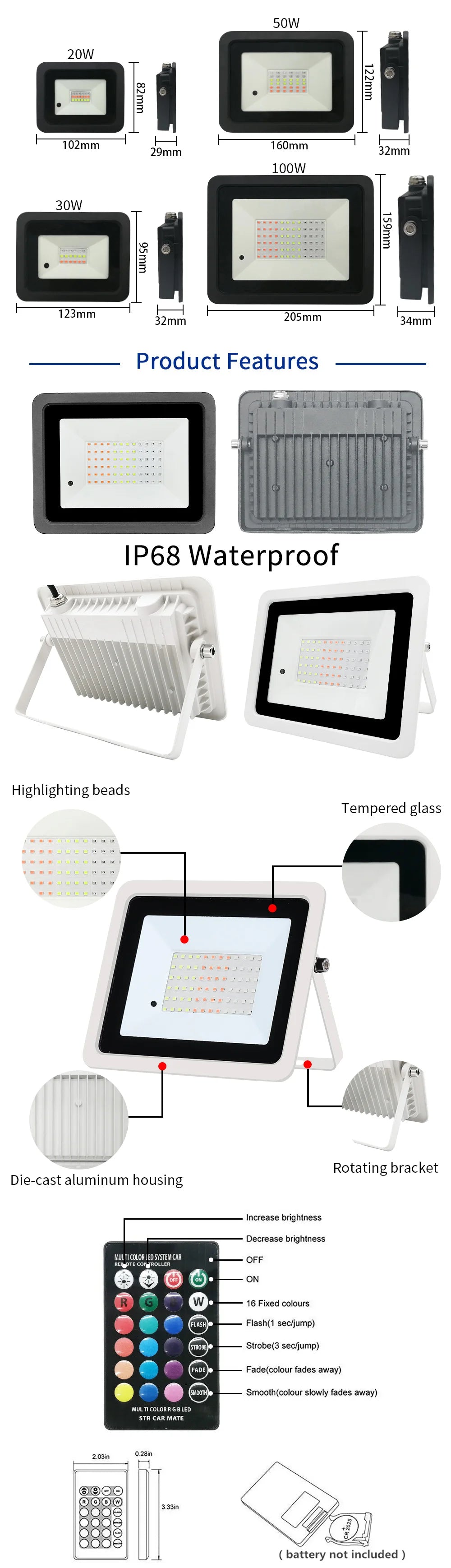 RGB Led Flood Light 100W 50W 30W 20W IP68 Waterproof Outdoor Led RGB Spotlight Reflector Lamps Landscape Lighting