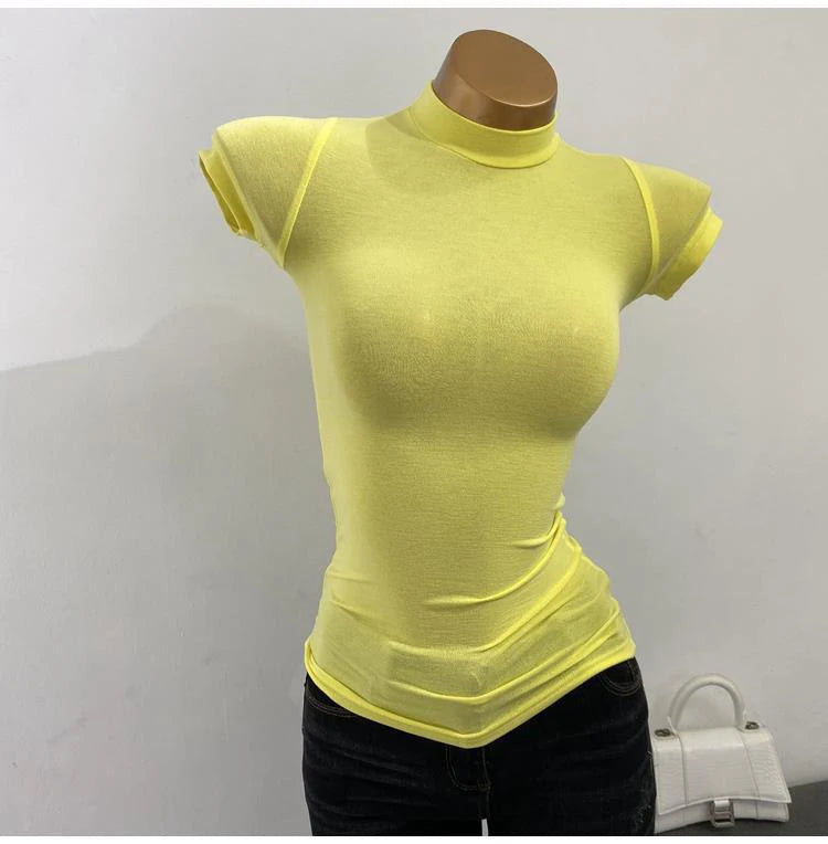 Half-high Collar T-shirt korean Transparent Short-sleeved Slim-fit Elastic Solid Inner Bottoming Shirt Sexy Big Chest T-shirt