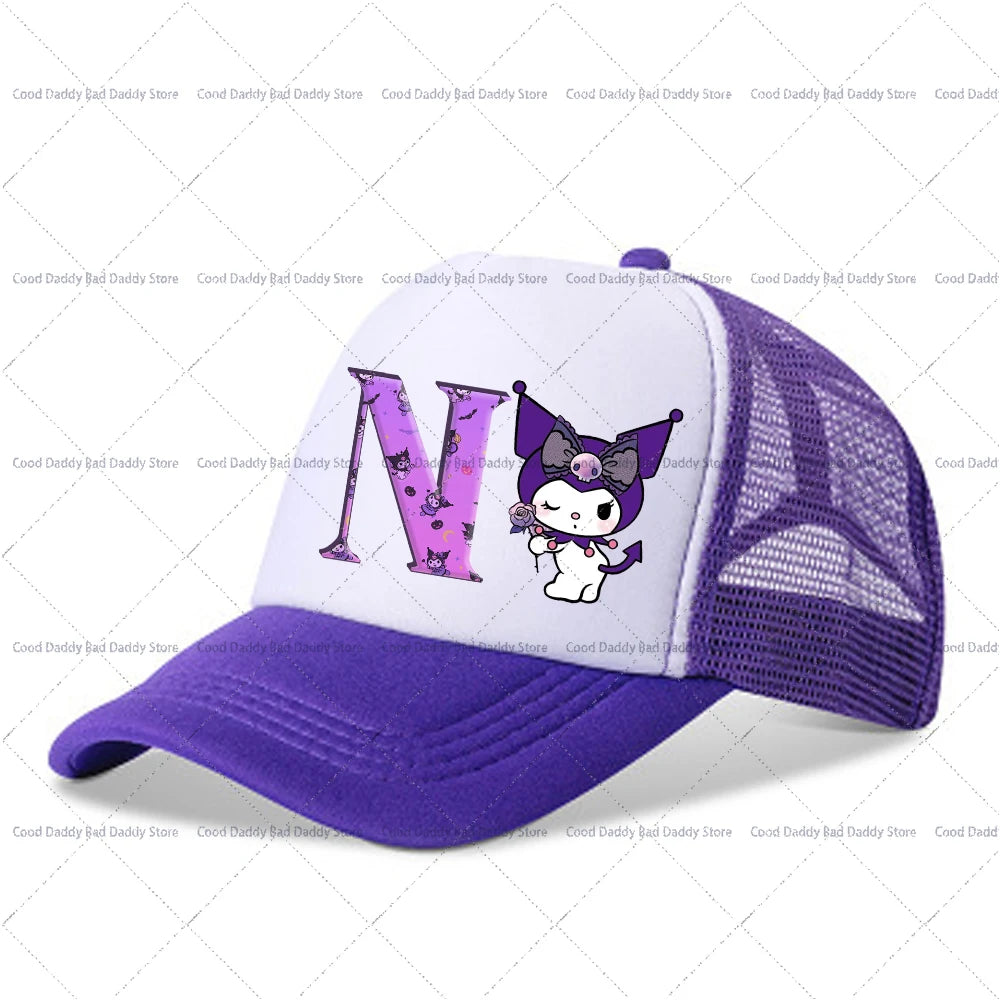 Kuromi A-Z Letter Printed Baseball Caps Adult Kids Purple Hats Summer Casquette Sanrio Y2K Graphic Beanies Kawaii Accessories