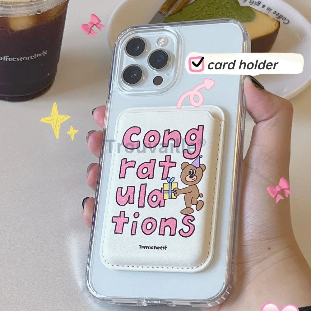 Trouvaille Magnetic Card Holder for Magsafe Phone Case Cute Korea Bear PU Macsafe Pink Girl for iPhone Accessoriess Samsung