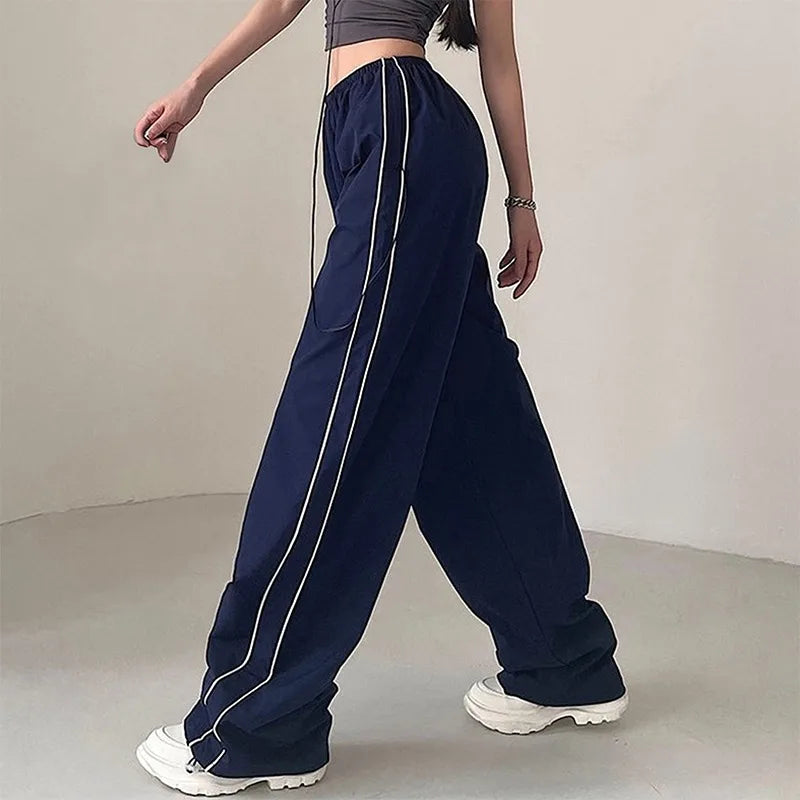 Women Summer Y2K Loose Cargo Pants Elastic Waist Baggy Wide Leg Straight Trousers Jogger Overalls Sweatpants Streetwear