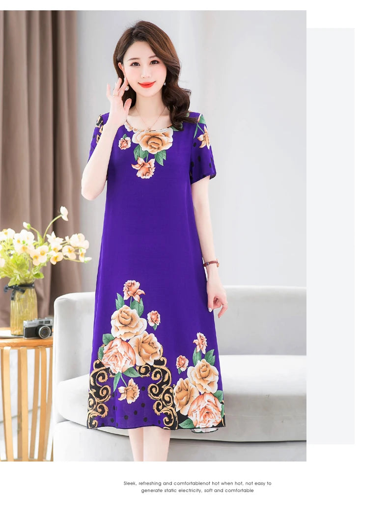 New Fashion 2024 Summer Dress For Long Vintage Loose Women Elegant Short Sleeve Casual O-neck Dresses Print Woman Clothing