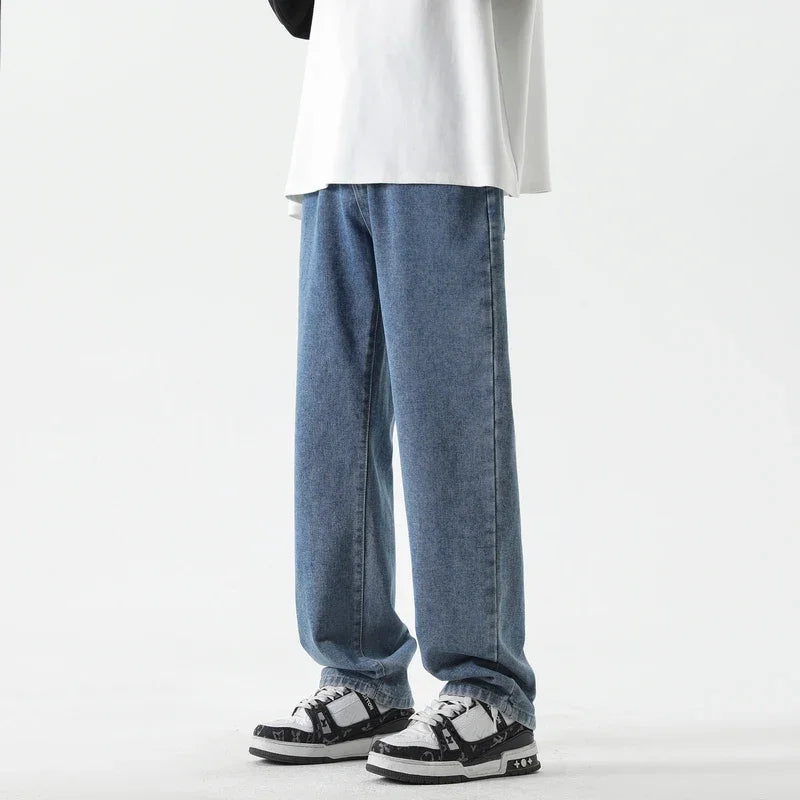 Korean Fashion Men's Baggy Jeans Classic Casual Long Denim Straight Loose Wide Leg Solid Color Pants Light Blue Grey Black