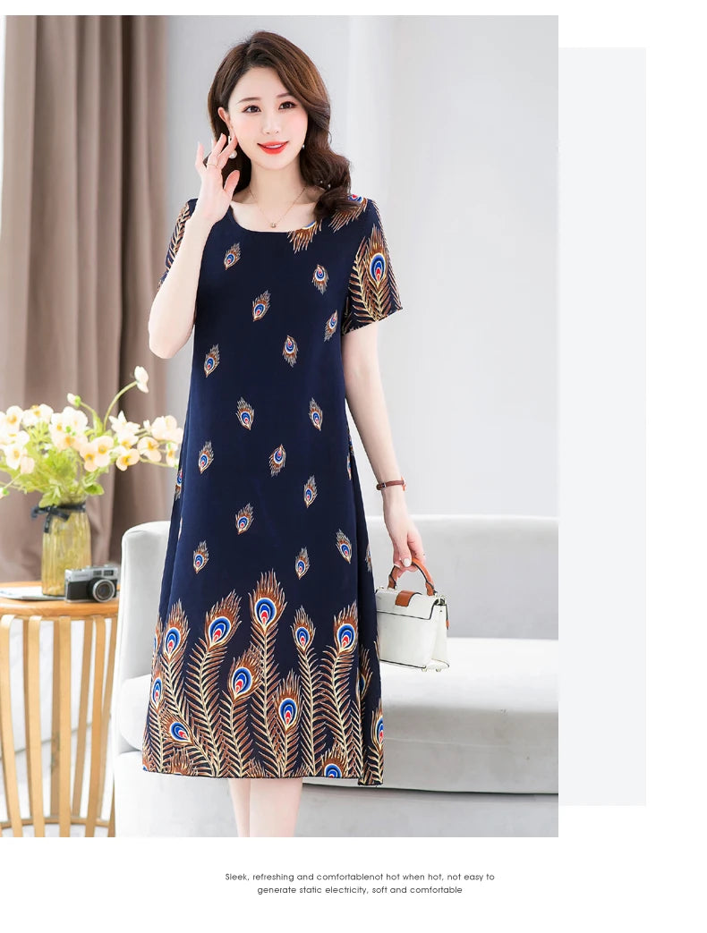 New Fashion 2024 Summer Dress For Long Vintage Loose Women Elegant Short Sleeve Casual O-neck Dresses Print Woman Clothing