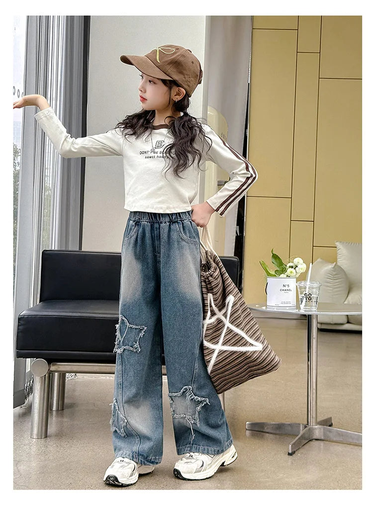 School Girl Star Design Jeans Trouser Teens Casual Loose Jeans for Girls Elastic Waist Fashion Kids Straight Fit Pants 5 To 14 Y