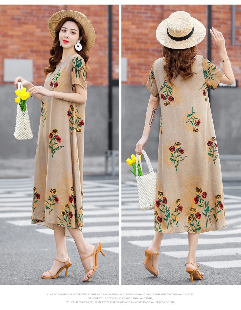 New Fashion 2024 Summer Dress For Long Vintage Loose Women Elegant Short Sleeve Casual O-neck Dresses Print Woman Clothing