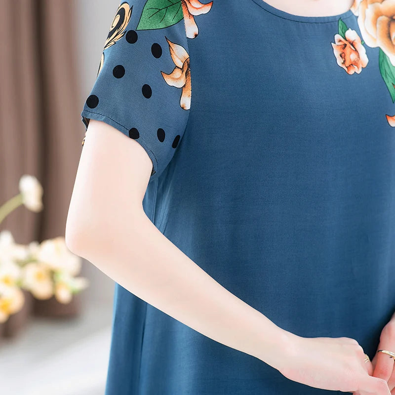 New Fashion 2024 Summer Dress For Long Vintage Loose Women Elegant Short Sleeve Casual O-neck Dresses Print Woman Clothing