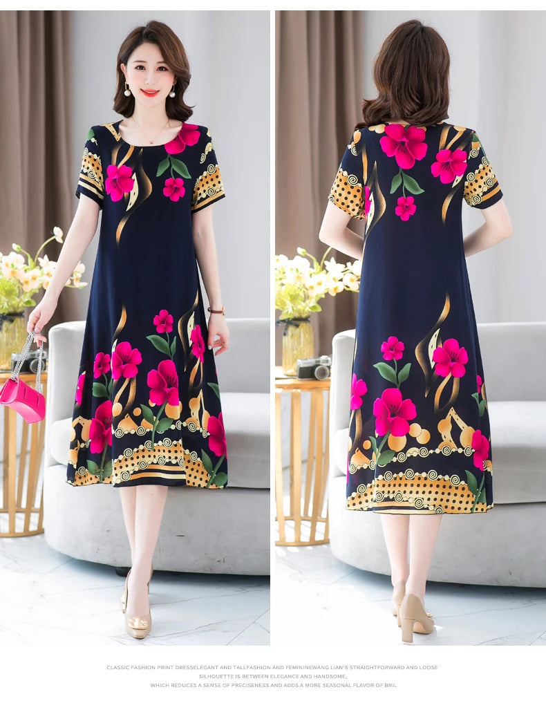 New Fashion 2024 Summer Dress For Long Vintage Loose Women Elegant Short Sleeve Casual O-neck Dresses Print Woman Clothing