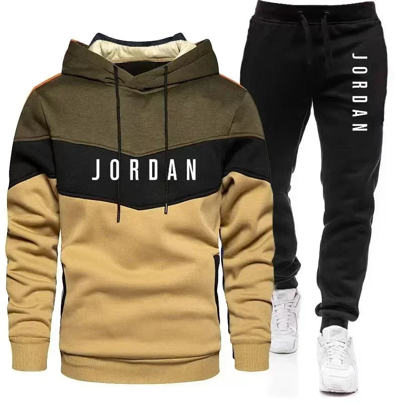 New 2025 Spring and Autumn men's spliced casual sweatshirt + pants two-piece outdoor training jogging men's hoodie sports suit