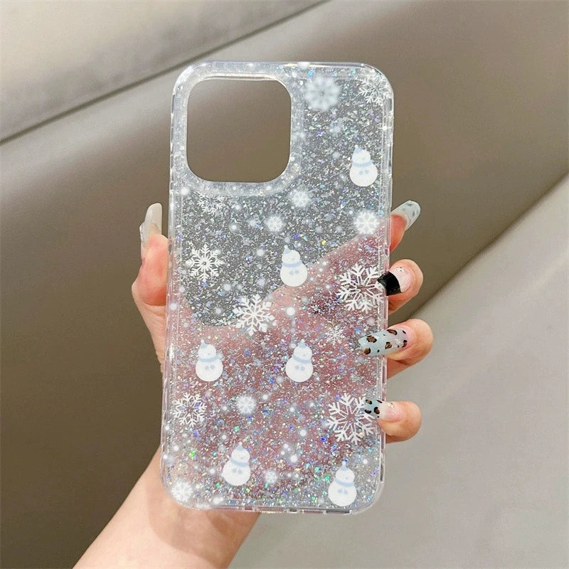 Winter Glitter Snowman Snowflake Phone Case For iPhone 16 Pro Max 15 13 14 Silver Foil Transparent TPU Back Cover