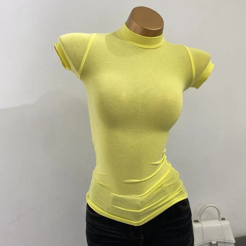 Half-high Collar T-shirt korean Transparent Short-sleeved Slim-fit Elastic Solid Inner Bottoming Shirt Sexy Big Chest T-shirt