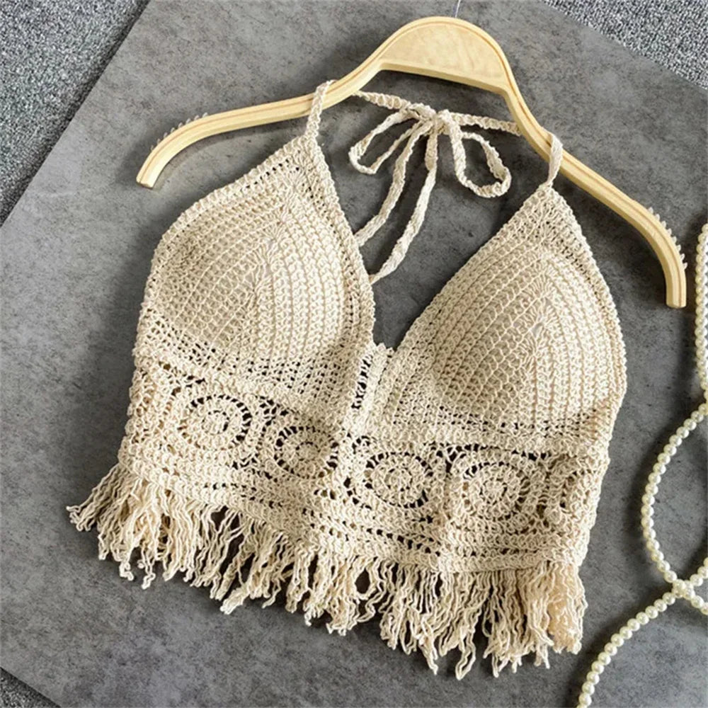 Sexy Hollow Out Underwear Women Summer Beach Short Tank Top Women Sweet Knitted Bra Tassel Women Short Top Debardeur Femme